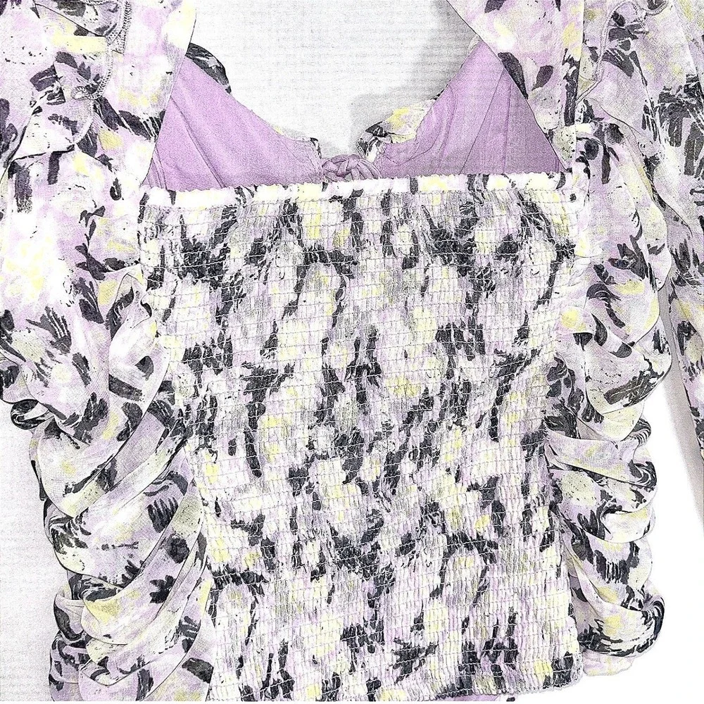 Free People Floral Ruched Puff Sleeve Crop Blouse Purple S
